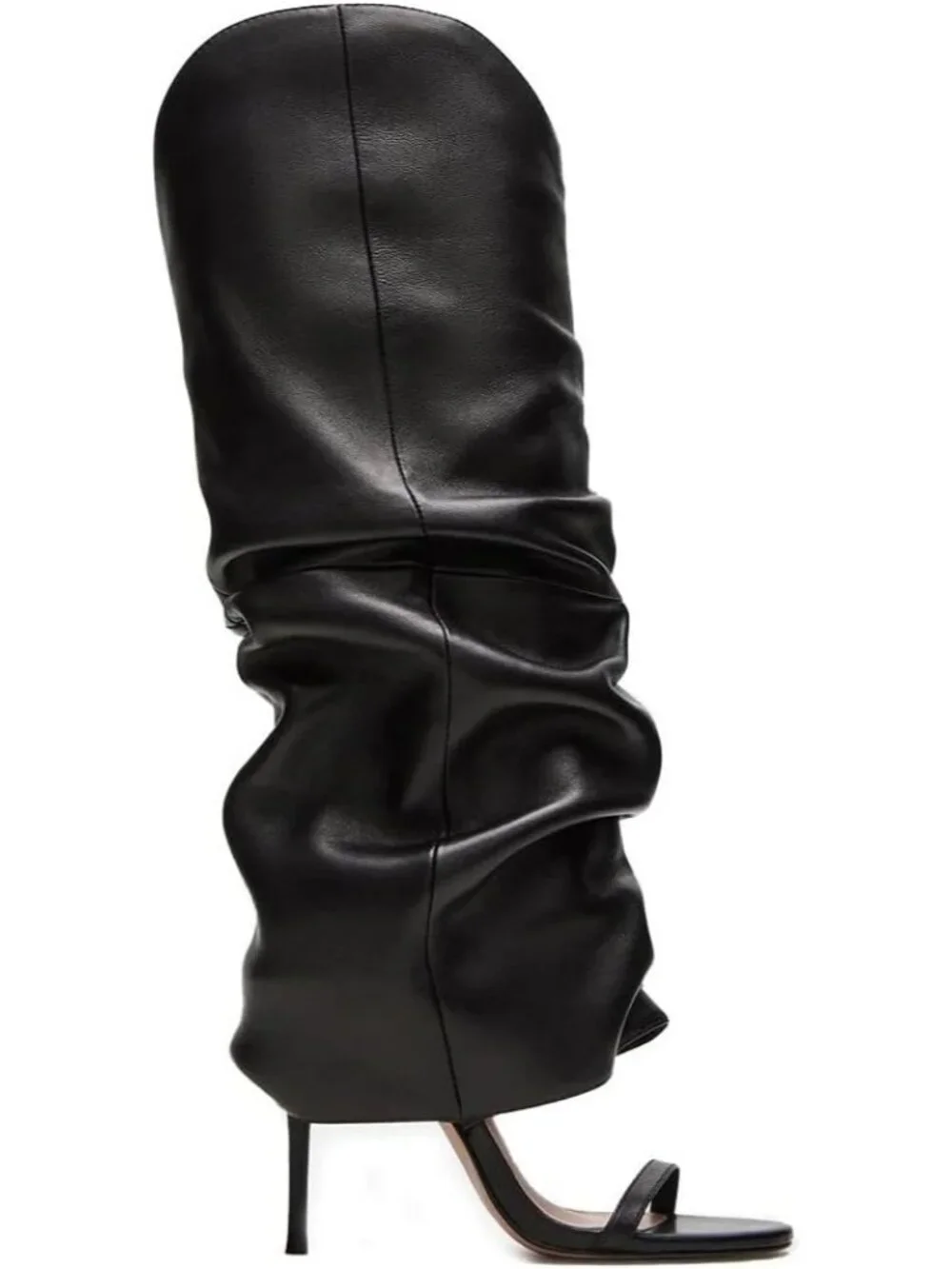 Women's Black Slouchy Knee High Boots Open Toe High Heel Sandals Boots Pull On